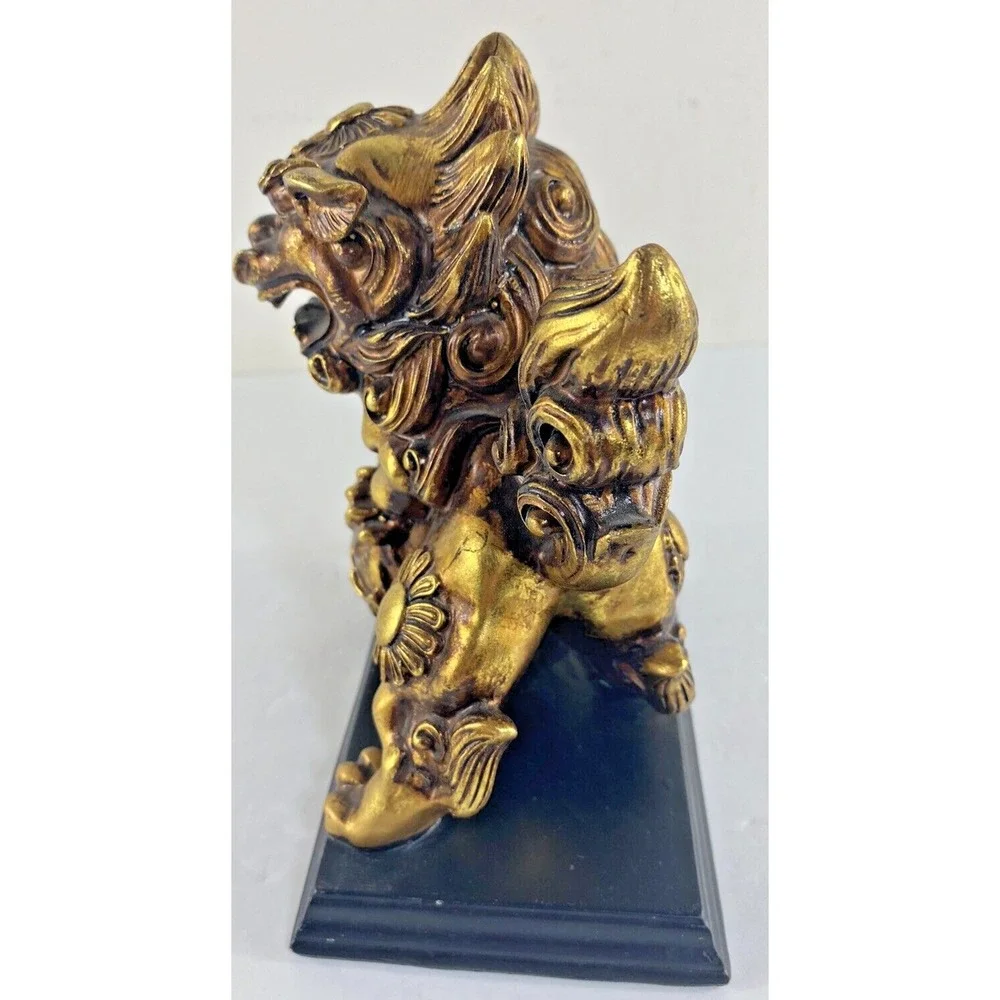 Vtg Foo Dog Gold Color Resin Figurine Dragon Asian Protection Art 7.5